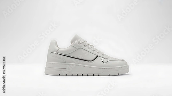 Obraz Stylish White Leather Sneaker with Silver Accents on Clean Background