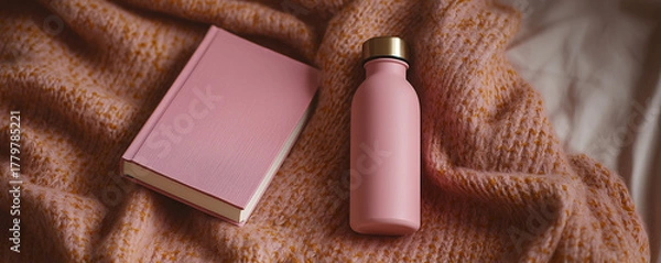 Obraz A pink book and reusable water bottle on a soft knitted blanket