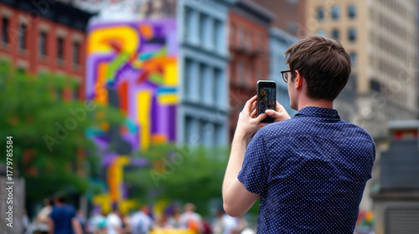 Obraz Man from behind taking a photo of a colorful city mural with a smartphone