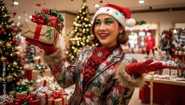 Fototapeta Black Friday and Cyber Monday sales concept with a flashy and flamboyant model salesperson in a dynamic pose with festive retail atmosphere to encourage shopping