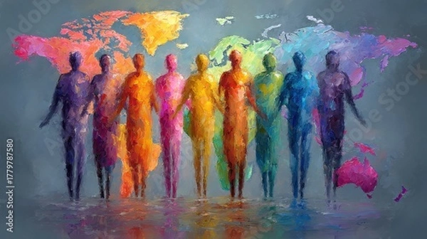Fototapeta Colorful silhouettes of people stand together in harmony against a vibrant world map background. The artwork represents unity and diversity among different cultures and communities.