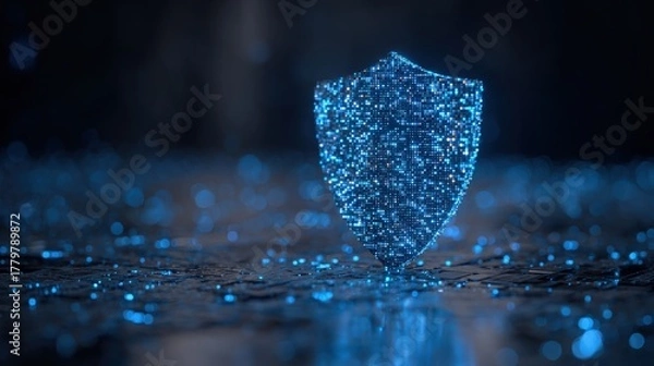 Fototapeta A glowing blue digital shield stands in a dark setting, symbolizing cybersecurity. Particles of light surround the shield, creating a futuristic atmosphere that emphasizes protection.