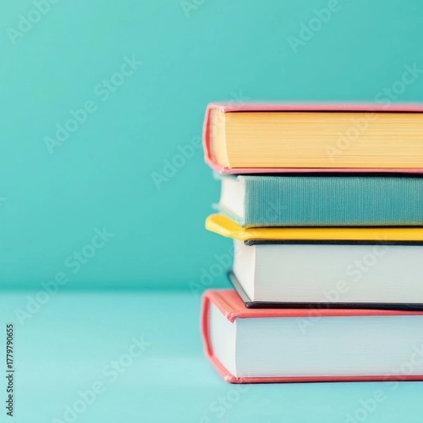 Fototapeta Stacked Books on Teal Background, Learning ,Reading