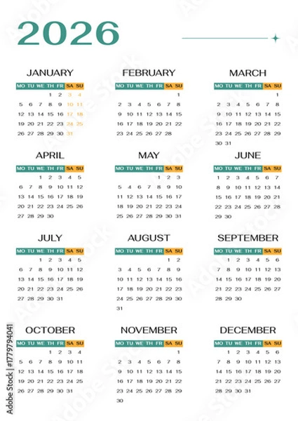 Fototapeta Modern English 2026 calendar yearly single vertical page template with highlights. Layout monthly planner for the year week starts on Monday