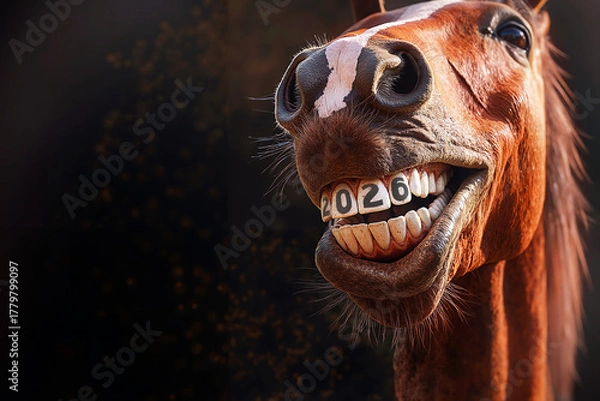 Obraz Funny smiling horse with “2026” on teeth, New Year symbol of the Horse