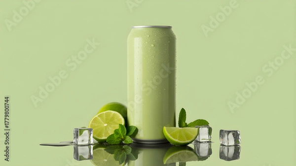Fototapeta Refreshing green beverage can with lime and ice cubes