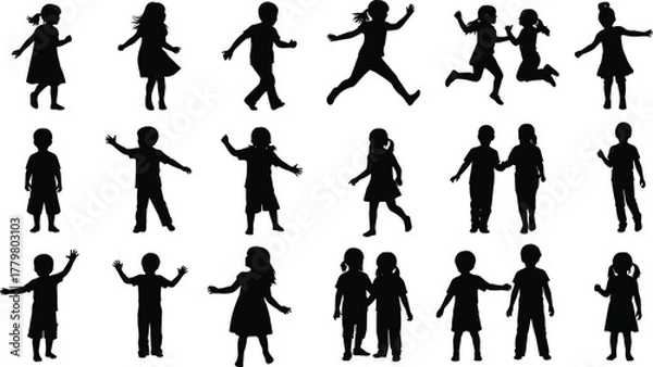 Obraz Collection of children silhouettes running walking playing together, active childhood movement group fun joyful kids poses and gestures - flat vector illustration