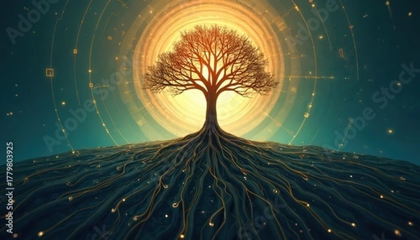 Fototapeta Illustration of tree with expansive roots reaching into intricate network. It symbolizes growth connection in digital eco system. Energy flows through tree digital branches. Conceptual art piece.