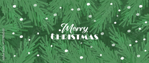 Obraz A banner with Christmas and New Year greetings. A trendy vintage greeting card with green pine branches, falling snow on a textured background. New Year banner for card, poster, cover, social media