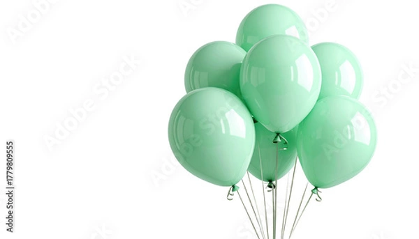 Fototapeta Light green balloons clustered together, bright, and celebratory against a solid black background with silver-colored strings