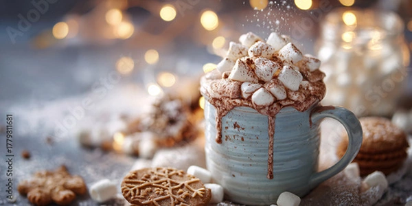 Obraz A cozy Christmas scene with a mug of hot chocolate, cinnamon, and cookies. Warm light in the background. Wooden table. Festive mood. New Year's atmosphere.