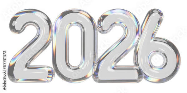 Fototapeta happy new year 2026 glass letter with chromatic aberration refraction dispersion 3d illustration isolated
