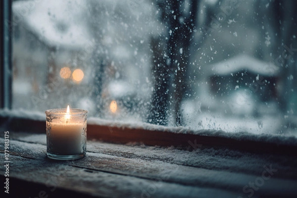 Obraz Background with a burning candle on a wooden windowsill. Snow falling outside the window. Christmas mood. Soft blurred background. Minimalistic cozy aesthetic.