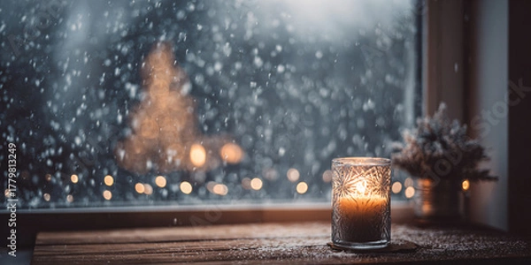 Obraz Background with a burning candle on a wooden windowsill. Snow falling outside the window. Christmas mood. Soft blurred background. Minimalistic cozy aesthetic.
