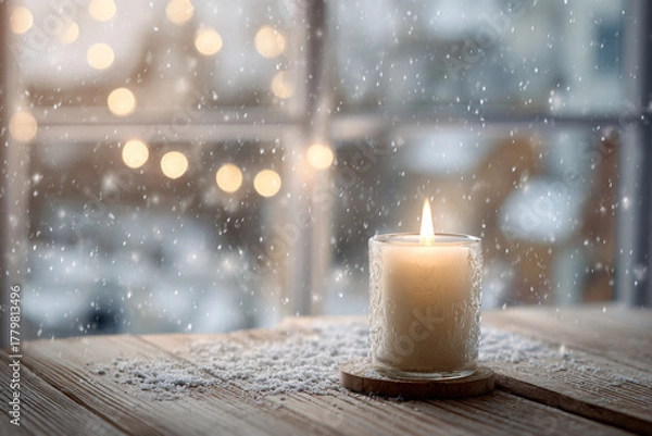 Obraz Background with a burning candle on a wooden windowsill. Snow falling outside the window. Christmas mood. Soft blurred background. Minimalistic cozy aesthetic.