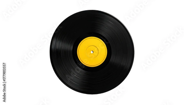 Fototapeta Vinyl record. Black disc with yellow center label on a solid black background, creating a classic musical image