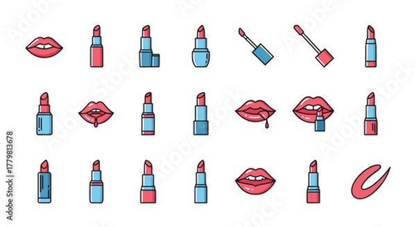 Fototapeta Collection of flat design lipstick and lip icons, symbolizing beauty, makeup, and fashion. This vector set includes various lipstick tubes, lip gloss applicators, and stylized lips with dripping