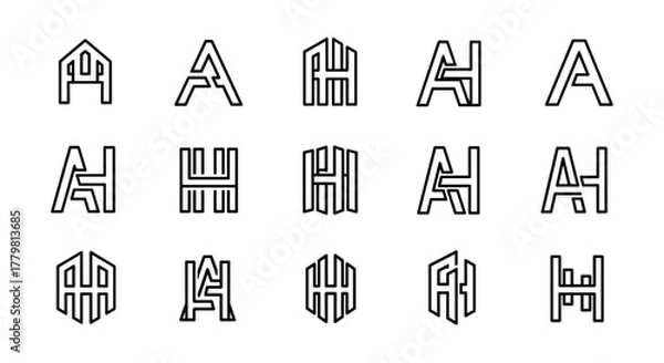 Fototapeta Set of 15 unique letter A and H monogram logos, presented as clean, modern line art on a white background. This collection features diverse geometric and abstract designs, perfect for branding and