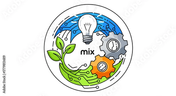 Fototapeta Circular emblem symbolizing innovation and solutions, featuring a glowing lightbulb, interconnected gears, and a growing plant intertwined with circuit board patterns, representing the fusion of