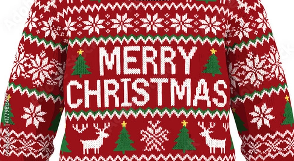 Fototapeta Festive Red Knitted "Merry Christmas" Sweater Design Featuring Snowflakes, Christmas Trees, and Reindeer, Evoking a Cozy Holiday Spirit with Traditional Fair Isle Patterns and a Warm, Inviting