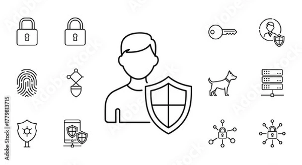 Fototapeta Minimalist security icon set featuring a person with a shield symbolizing safety and protection, alongside other icons like locks, fingerprint, key, server, and network connections, presented as