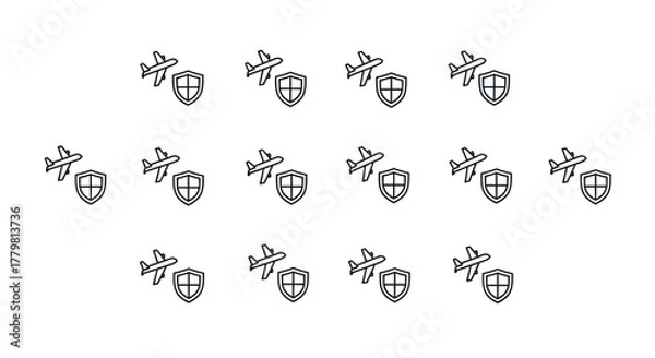 Fototapeta Minimalistic linear sign featuring an airplane flying near a shield, symbolizing travel insurance or aviation security. This vector cartoon illustration is perfect for web design, graphic design