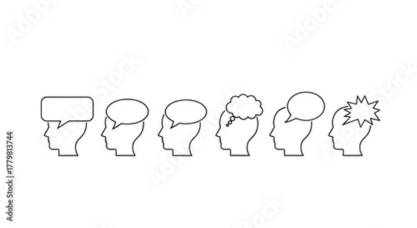 Fototapeta Minimalistic thin outline icons representing speech bubbles and thought clouds within human head silhouettes, symbolizing communication, ideas, and mental processes. Perfect for web design, graphic
