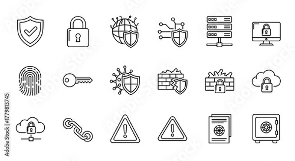 Fototapeta Set of cybersecurity and protection editable stroke pictograms, including a shield with checkmark, padlock, global shield, digital shield, server rack, computer monitor with lock, fingerprint, key