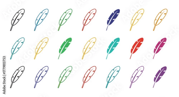 Fototapeta Set of minimalistic linear pictograms of quills in various vivid colors, including black, blue, green, yellow, red, purple, and teal, presented on a black background. These versatile icons are