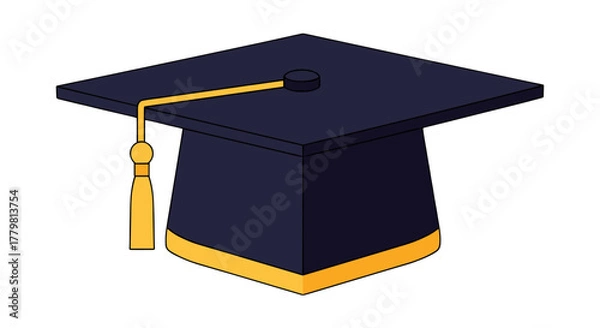 Fototapeta A minimalist, flat design vector illustration of a dark blue academic graduation cap with a golden tassel and trim, symbolizing education, achievement, and knowledge. This clean, modern icon is