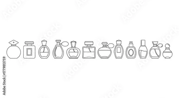 Fototapeta Collection of elegant perfume bottle outlines, showcasing diverse shapes and styles, perfect for graphic design, web sites, cards, books, and articles. This vector cartoon illustration features an