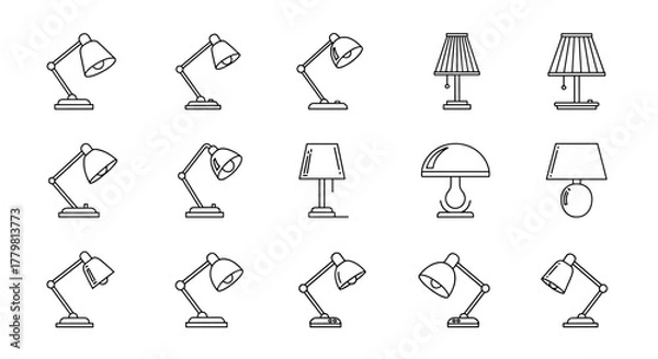 Fototapeta Collection of diverse table lamp outline icons, perfect for graphic and web design, apps, adverts, and various cards. This ordered set features a clean vector cartoon illustration on a white