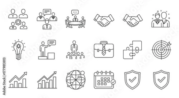 Fototapeta Modern business line icon set featuring teamwork, collaboration, meeting, partnership handshake, innovation with a new idea lightbulb, leadership, corporate management, briefcase, puzzle, target