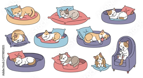 Fototapeta Collection of adorable cartoon cats in various cozy settings, including pet beds, pillows, and a plush armchair, depicted in relaxed, sleeping, playing, and grooming poses, showcasing a charming and