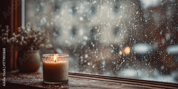 Obraz Background with a burning candle on a wooden windowsill. Snow falling outside the window. Christmas mood. Soft blurred background. Minimalistic cozy aesthetic.