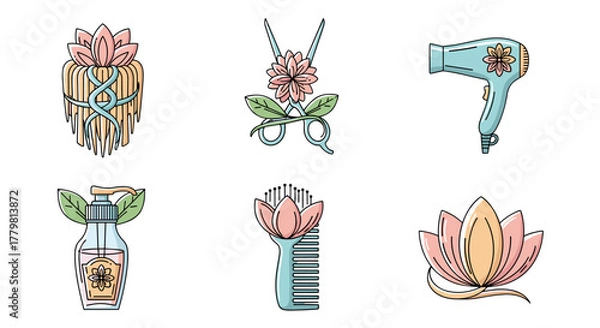 Fototapeta Set of six vector cartoon illustrations representing beauty salon and hair treatment logos, featuring lotus flowers, scissors, a hairdryer, a soap dispenser, and a comb, all designed with a clean