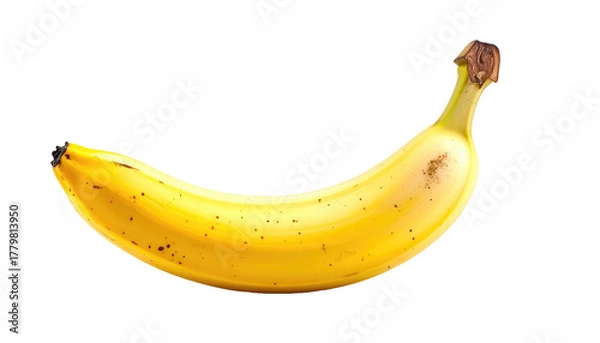 Fototapeta A curved, bright yellow banana with tiny brown spots isolated against a solid black background