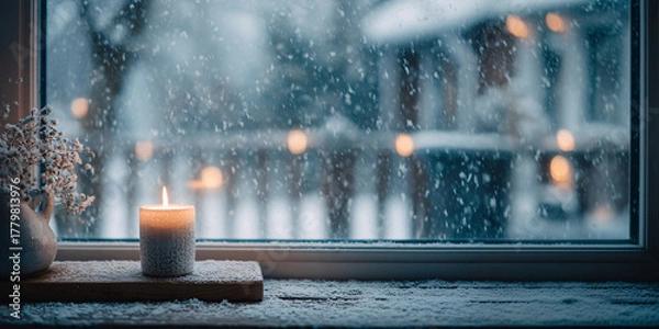 Obraz Background with a burning candle on a wooden windowsill. Snow falling outside the window. Christmas mood. Soft blurred background. Minimalistic cozy aesthetic.