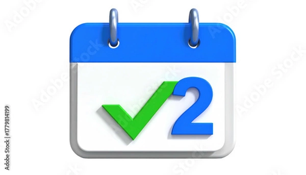 Fototapeta 3D calendar icon. The number "2" and a check mark appear on a white page topped with a blue header