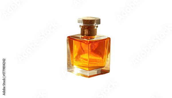Fototapeta A clear, square bottle filled with golden liquid sits isolated against a black background, glowing under directed light