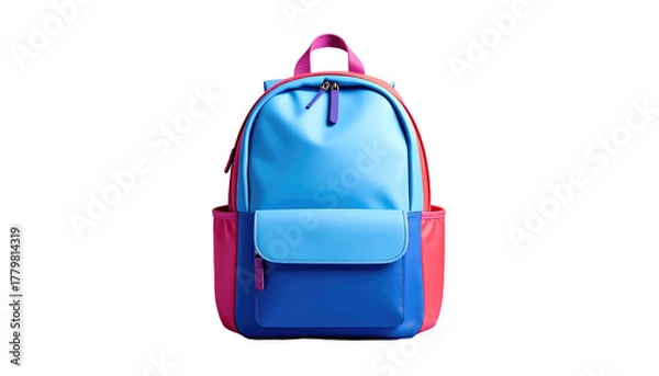 Fototapeta Bright backpack with hues of blue and pink on black. Features simple design with a front pocket and side pouches