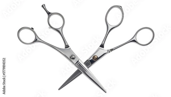 Fototapeta Two crossed silver metal scissors with open blades and handles are set against a black background