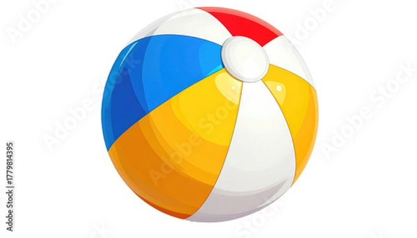 Fototapeta Brightly colored inflatable beach ball with red, blue, and yellow panels, resting on a black background