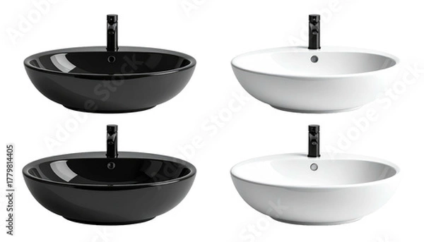 Fototapeta Four vessel sinks, two black, two white, centered with dark metal faucets, all on a white background
