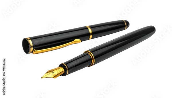 Fototapeta Two elegant, black fountain pens with gold accents on a dark background. Detailed rendering, highly glossy
