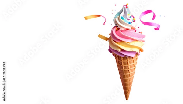 Fototapeta Ice cream cone pastel swirled soft serve with sprinkles and party ribbon. Isolated against a black background