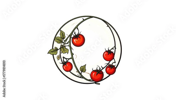 Fototapeta Illustration of tomatoes on a vine, encircling a cream-colored oval on a black background in a painterly style