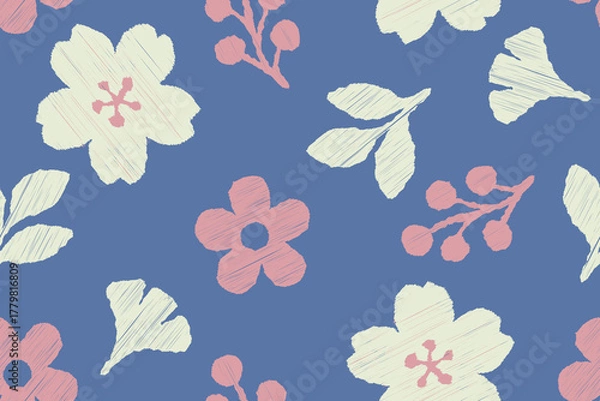 Obraz Seamless floral pattern with hand-drawn pastel flowers and leaves on a blue background. Cute and modern sketch-style botanical design perfect for fabric, wallpaper, wrapping paper, stationery