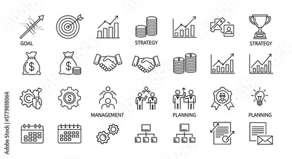 Fototapeta Business strategy line icon set, featuring goal achievement, financial strategy, management, and planning elements. This collection of outline vector icons in a linear style includes pictograms for
