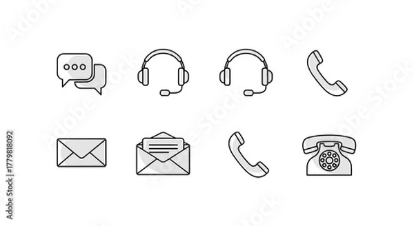 Obraz Collection of line icons representing communication and contact methods, including chat bubbles, headsets, envelopes, and various telephone designs, presented on a clean white background for web and